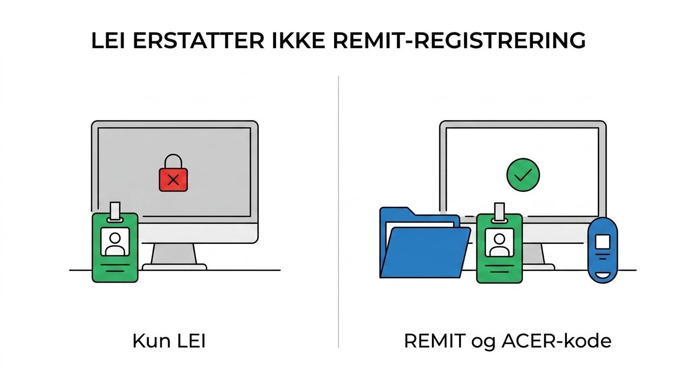 Side-by-side oversikt som viser forskjellen mellom REMIT-registrering og LEI for et kraftselskap.