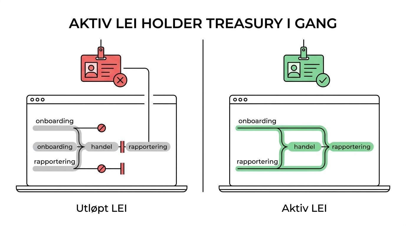 Side-by-side comparison of a treasury workflow delayed by missing LEI versus running smoothly with an active LEI.