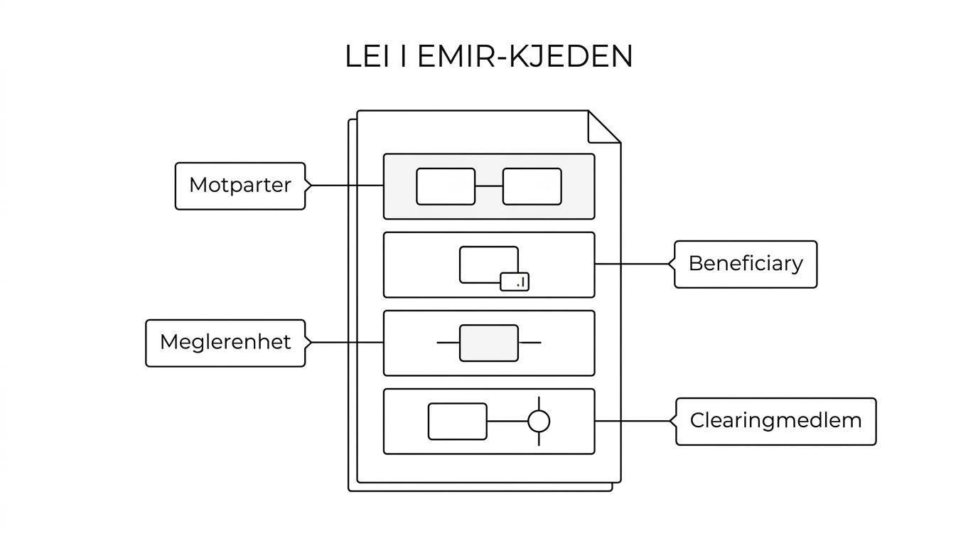 Diagram som viser en derivatkontrakt under EMIR med LEI knyttet til motparter, beneficiary, meglerenhet, clearingmedlem og rapportering til trade repository.