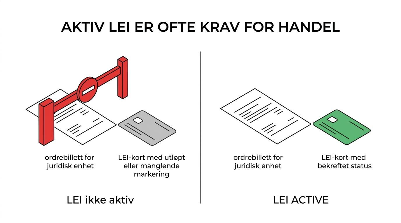 Tre side-ved-side felt som viser LEI-statusene ACTIVE, LAPSED og manglende LEI, med tydelig markering av om ordre normalt kan gå gjennom eller blir stoppet.