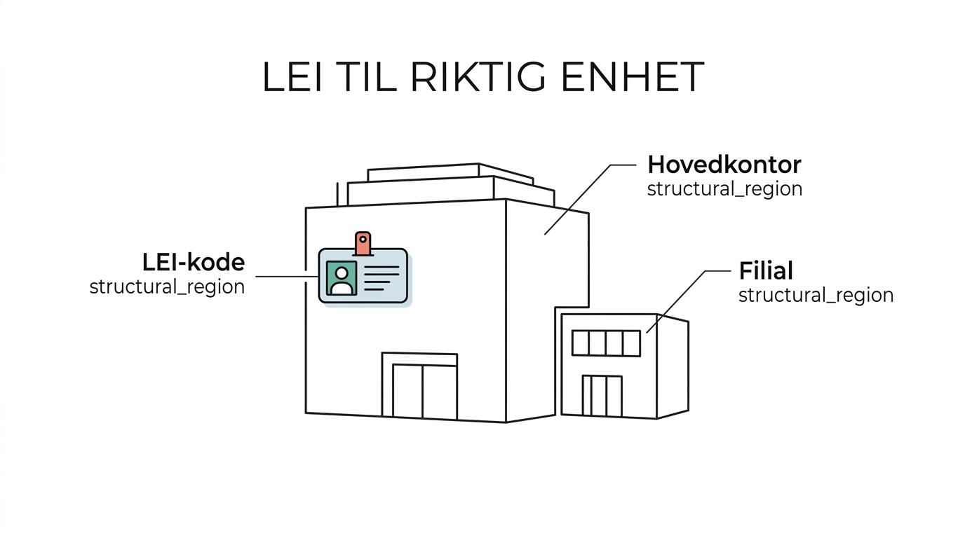 Diagram som viser et utenlandsk hovedkontor, en norsk filial eller NUF, og at LEI knyttes til den juridiske enheten, ikke filialen.