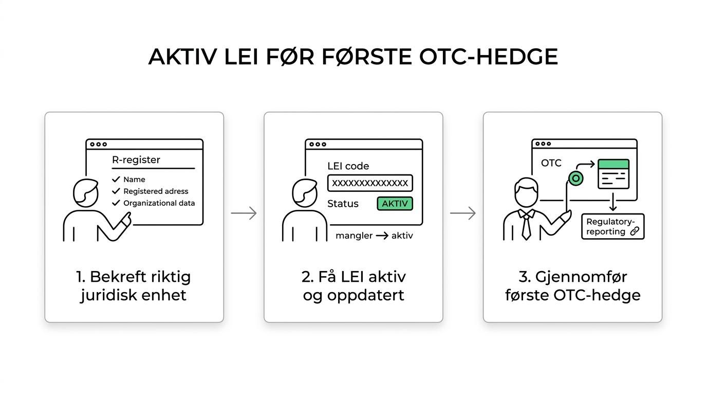 Flyt som viser riktig juridisk enhet, verifisering av selskapsdata, registrering eller overføring av LEI, aktiv status og første hedgeavtale med bank.