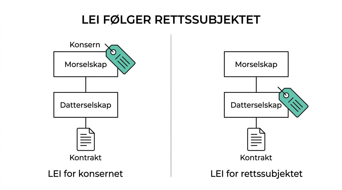 Sammenligning av morselskap, datterselskap og filial med hvem som bruker egen LEI og hvem som bruker hovedkontorets identitet.