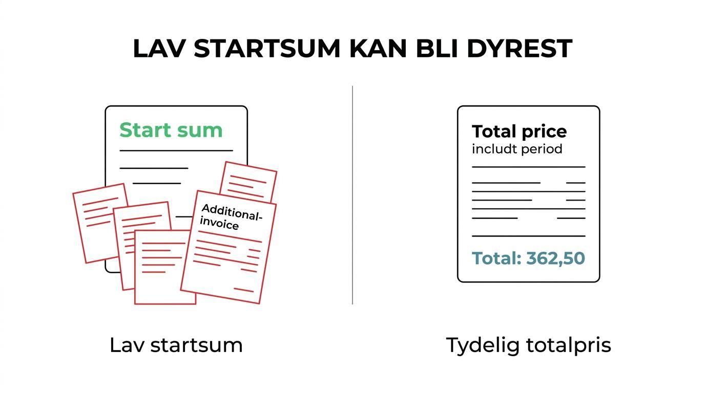 Sammenligning av en lav annonsert LEI-pris mot en tydelig totalpris med GLEIF-gebyr, mva, support og fornyelse inkludert.