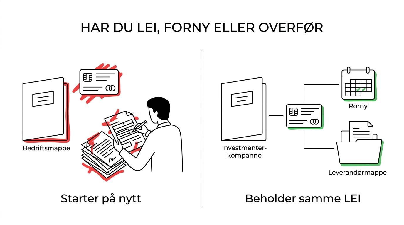 Side-by-side comparison of nyregistrering, fornyelse and overføring of LEI, showing when each option is relevant and what it does.