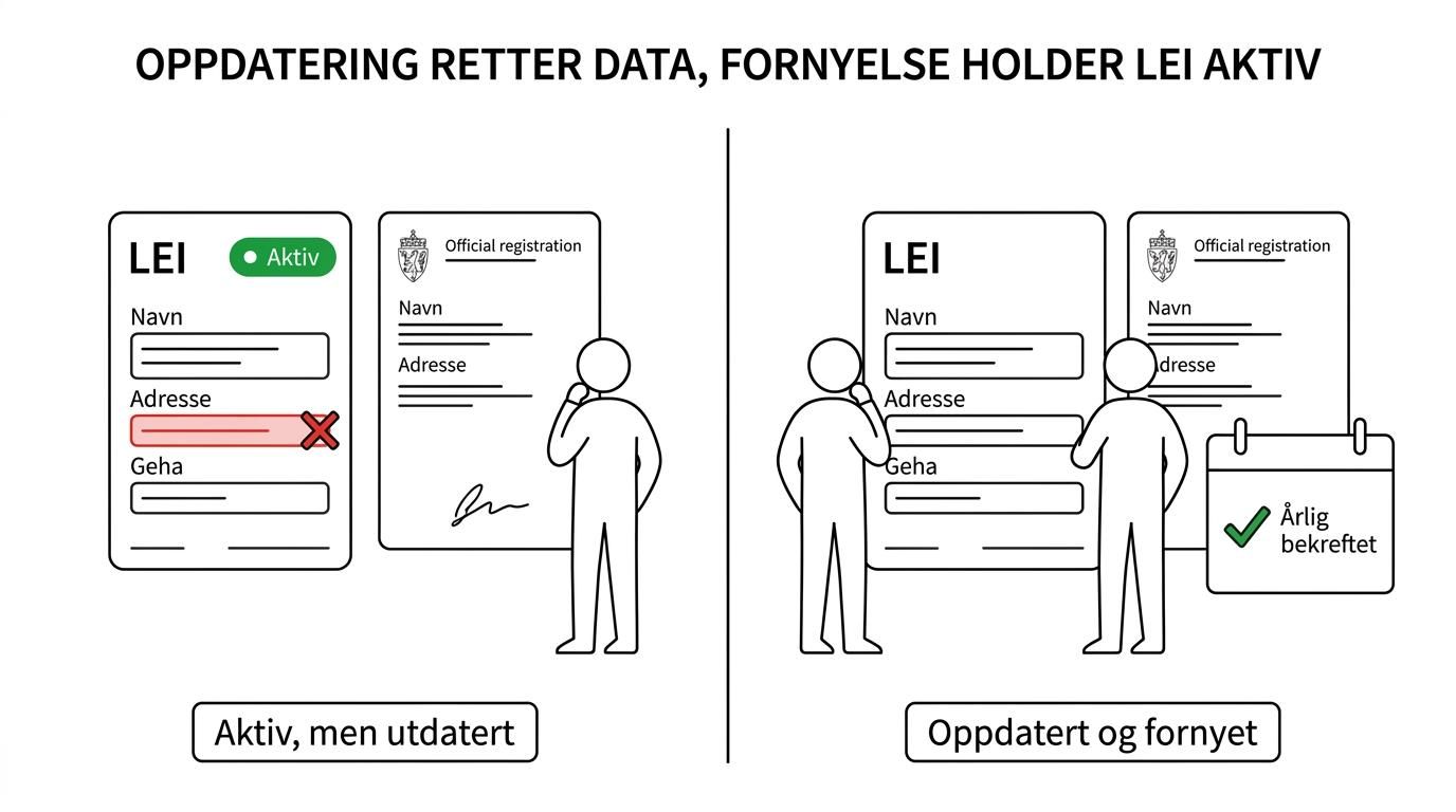 Sammenligning av å oppdatere LEI-data og å fornye LEI, med forskjeller i formål, tidspunkt og konsekvens.