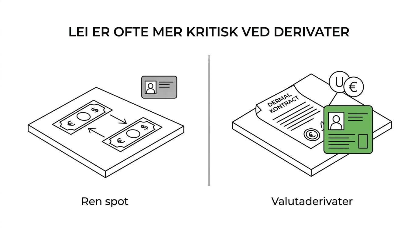Side-by-side comparison of ren spot-valutahandel and valutahandel via derivater, showing lower versus higher LEI relevance and reporting pressure.