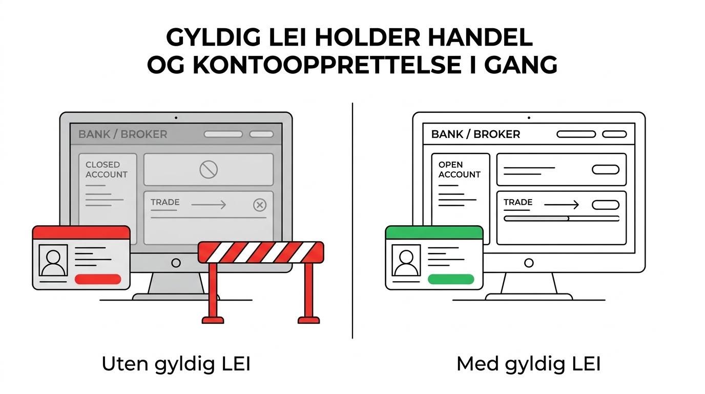 Side-ved-side-visning av et eiendomsselskap med gyldig LEI som får aktivert konto og gjennomført handel, og et selskap uten gyldig LEI der handelen stopper opp.