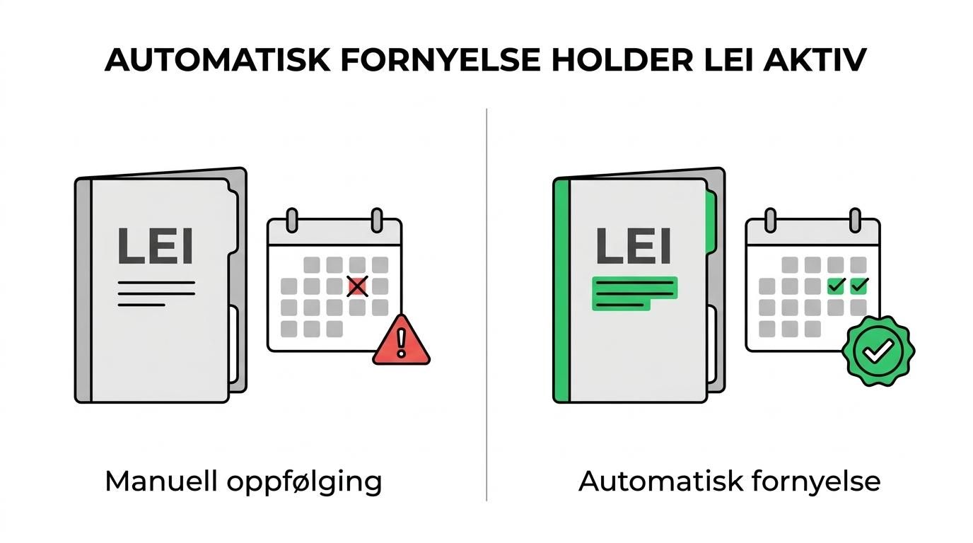 Side-by-side sammenligning av manuell LEI-fornyelse og automatisk flerårsfornyelse, med frister og lapsed-risiko på den ene siden og planlagte årlige oppdateringer med aktiv LEI på den andre.