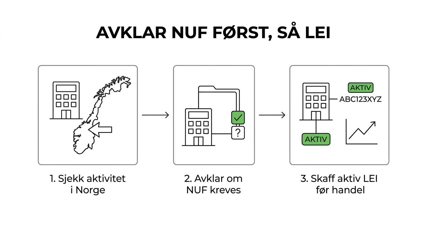 Flytskjema som viser to spor for utenlandske foretak: NUF-registrering i Norge og LEI for handel i finansmarkedet.