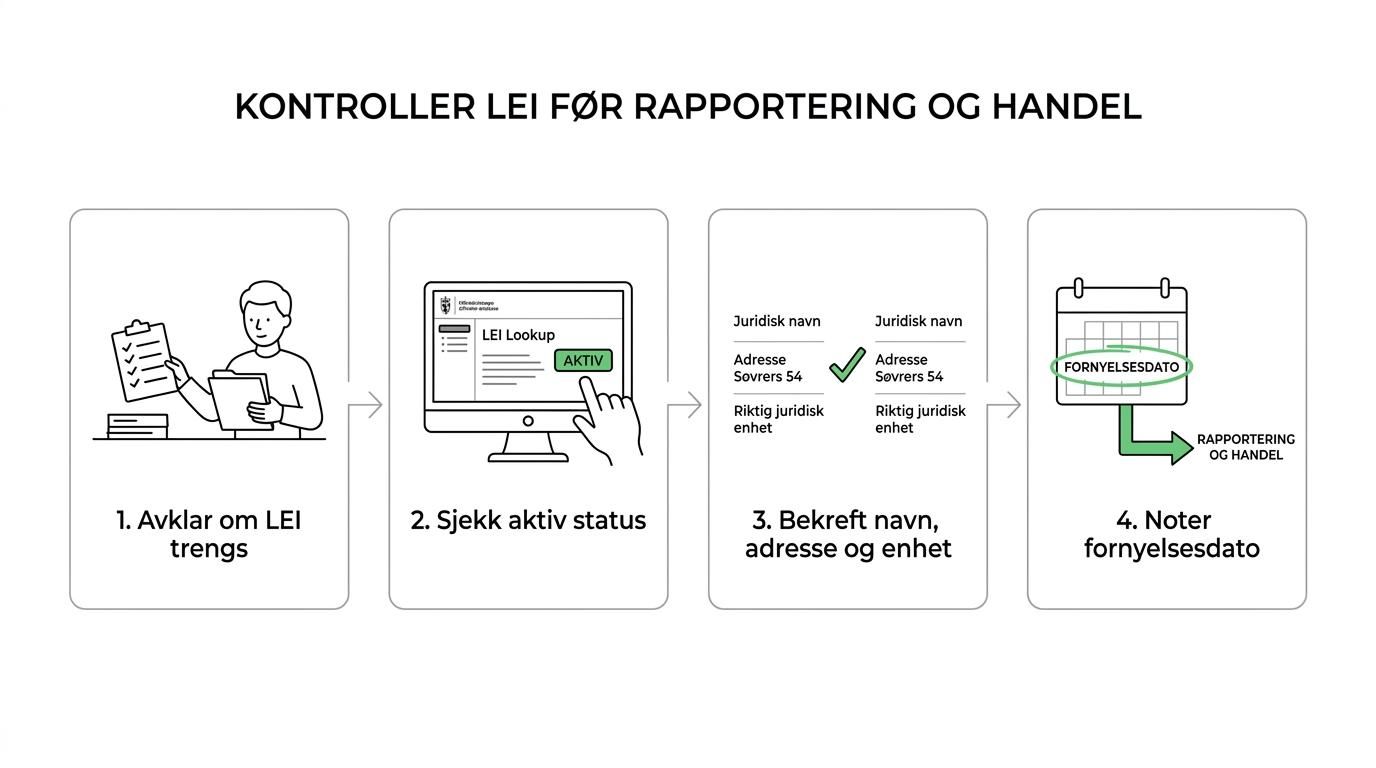 Flytdiagram som viser LEI-kontroll fra behovsvurdering til statuskontroll, verifisering av referansedata, fornyelsesdato og samsvar hos bank eller megler.