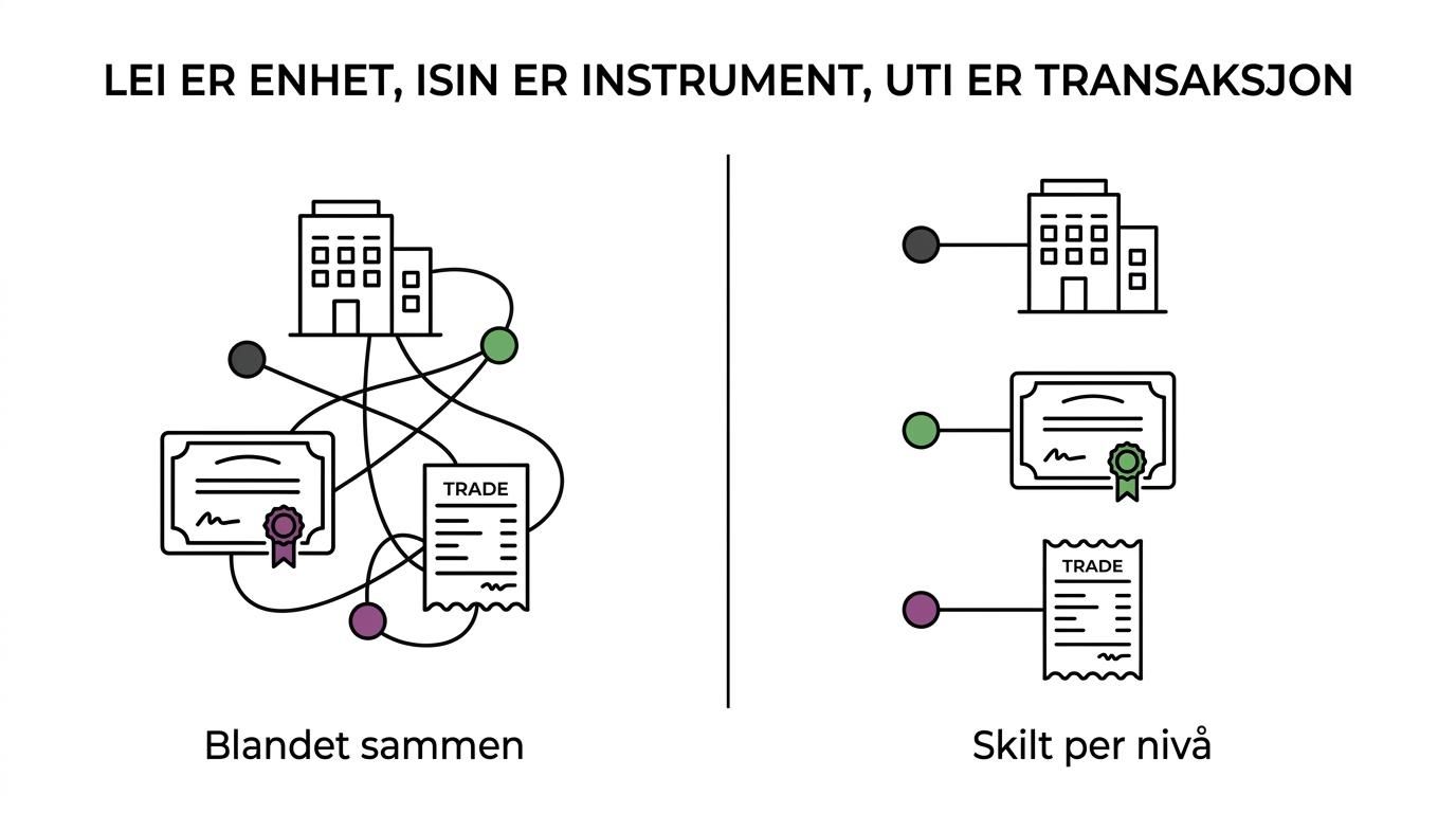 Sammenligning som viser LEI for juridisk enhet, ISIN for finansielt instrument og UTI for enkelttransaksjon.