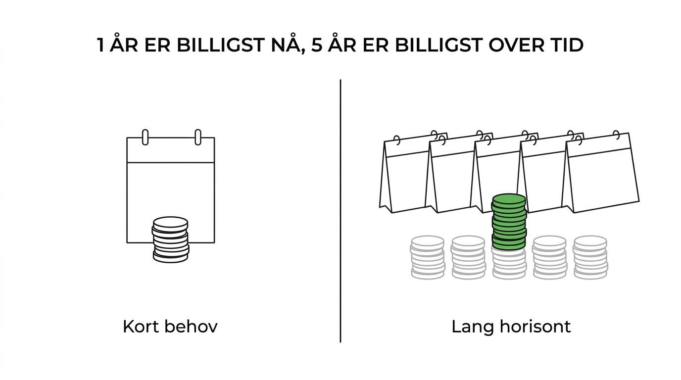 Sammenligning av LEI Service 1 år og 5 år med årspris, oppstartskostnad og totalpris over fem år.