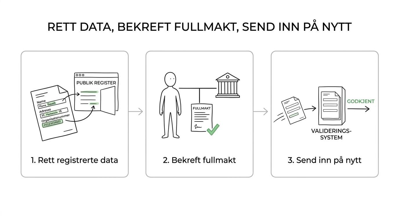 Flytskjema som viser hvordan en avvist LEI-søknad rettes: sjekk offentlige registerdata, bekreft fullmakt, se etter eksisterende LEI, velg riktig løp og send inn på nytt.