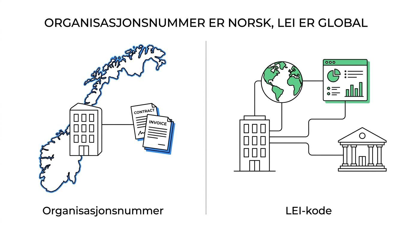 Side-ved-side sammenligning av organisasjonsnummer og LEI-kode med nasjonal versus global bruk.
