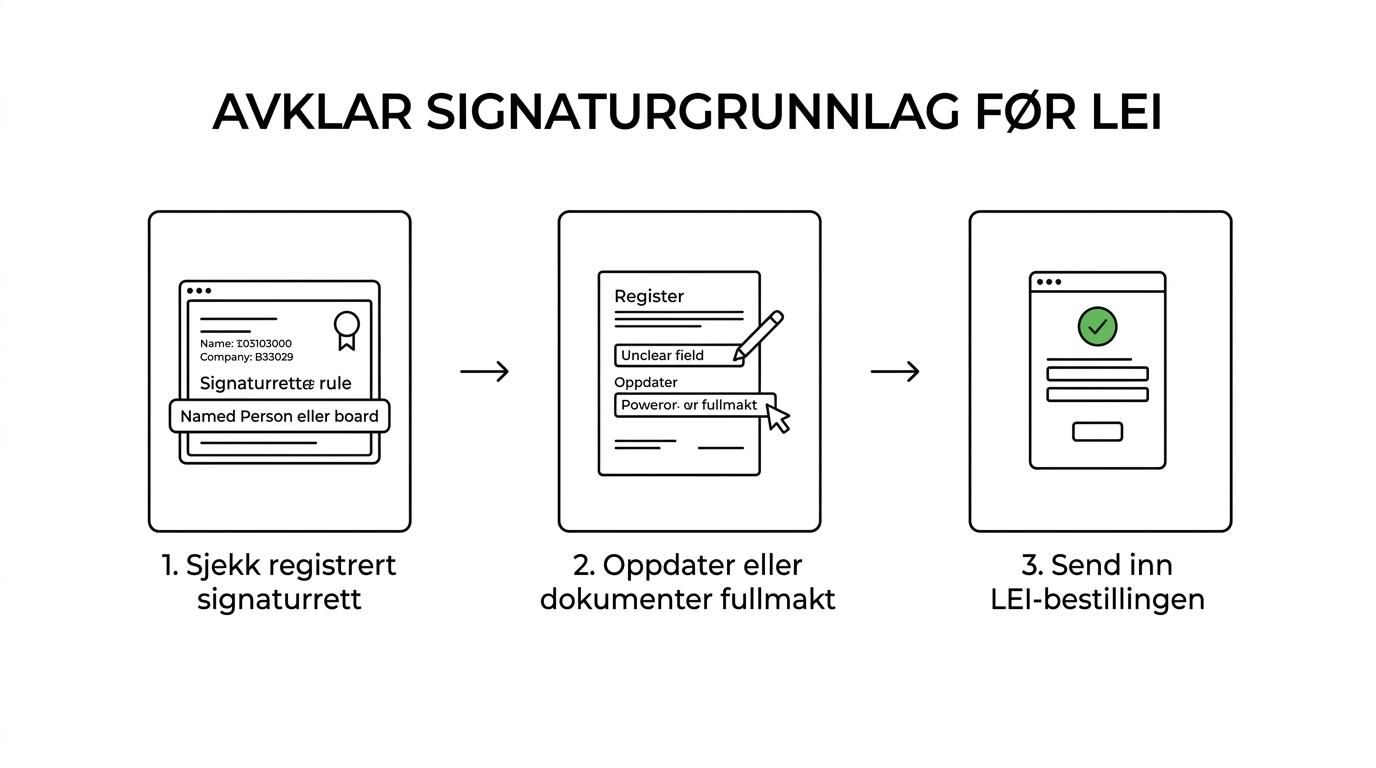 Flytskjema som viser hvordan et selskap sjekker signaturrett, fullmakt og registeropplysninger før en LEI-bestilling sendes inn.