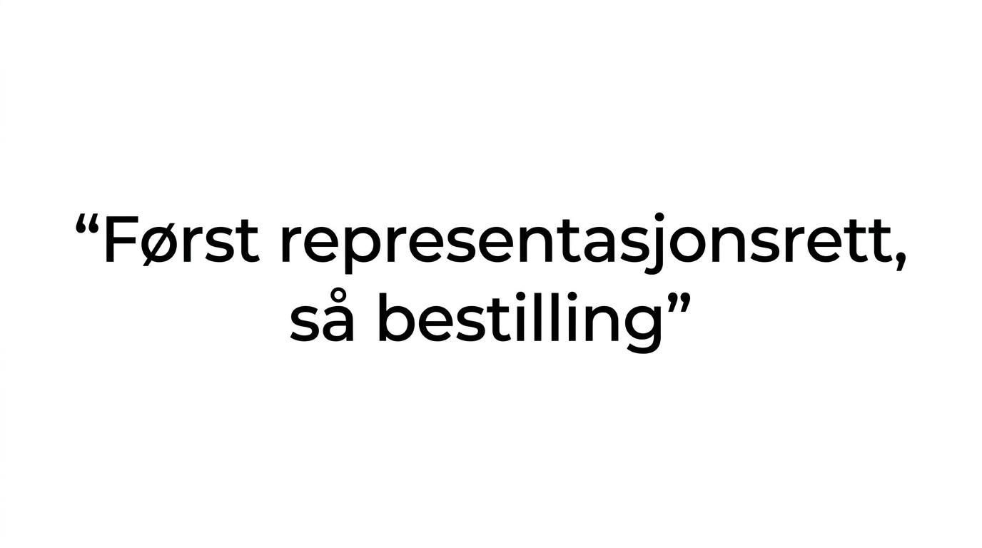 Uthevet sitat med teksten «Derfor er hovedregelen enkel: først representasjonsrett, så bestilling.»