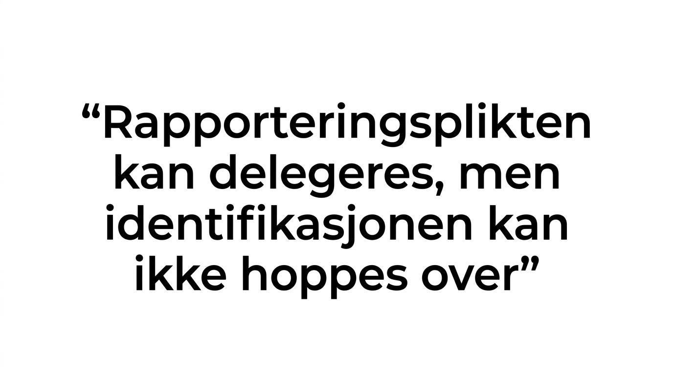 Uthevet sitat med teksten om at rapportering kan delegeres, men at identifikasjonen ikke kan hoppes over.