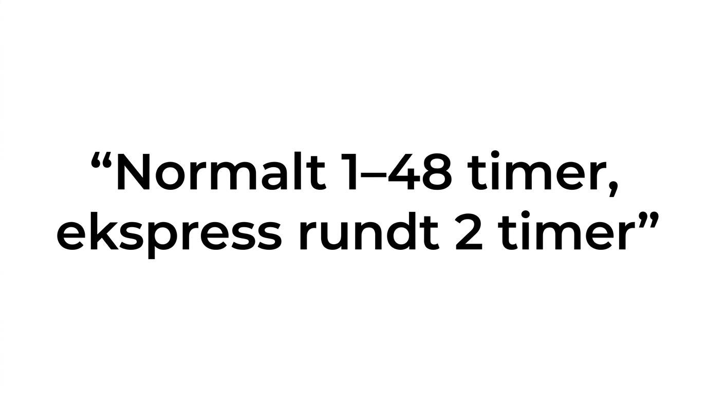 Et sitatkort med budskapet om 1–48 timers behandling og ekspresslevering på rundt 2 timer.